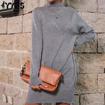 YYFS женские модные повседневные однотонные принты осень-зима с длинным рукавом наполовину водолазка-свитера платья S темно-серого