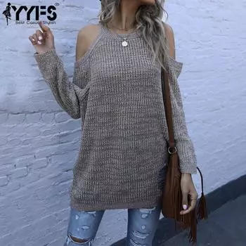YYFS женские модные повседневные однотонные принты осень-зима с длинным рукавом и круглым вырезом вязаные свитера S хаки