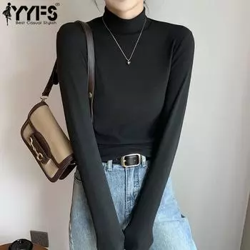YYFS женские модные повседневные однотонные принты осень-зима с длинным рукавом полуводолазка сохраняющие тепло свитера M чёрный