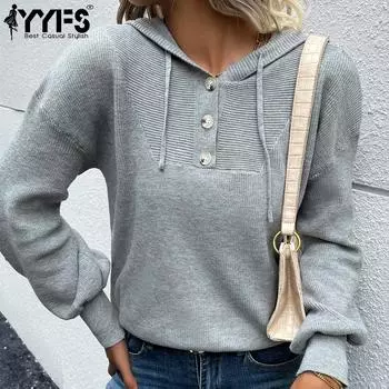 YYFS женские модные повседневные однотонные принты осень-зима с длинными рукавами и капюшоном свободные свитера S светло-серый