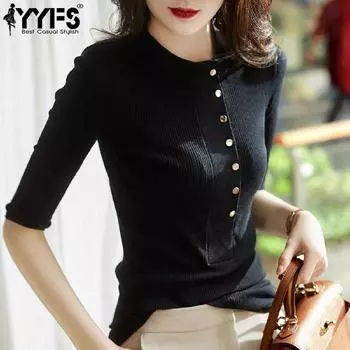 YYFS женские модные повседневные однотонные принты осень-зима с рукавами 1/2 и круглым вырезом свитера One Size чёрный
