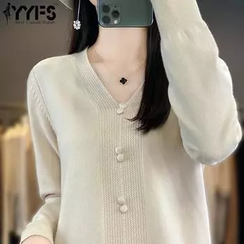 YYFS женские модные повседневные однотонные принты осень-зима с длинным рукавом и v-образным вырезом свитера M бежевый