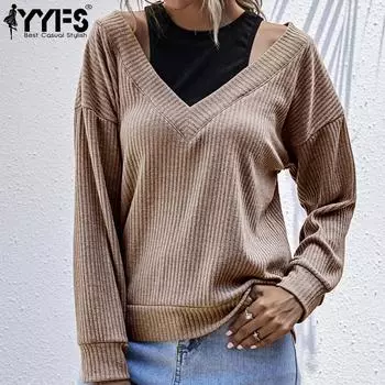 YYFS женские модные повседневные однотонные принты осень-зима с длинными рукавами и v-образным вырезом свободные свитера S хаки
