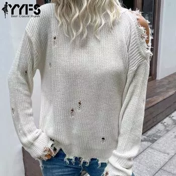 YYFS женские модные повседневные однотонные принты осень-зима с длинным рукавом свободные свитера с высоким воротом S белый