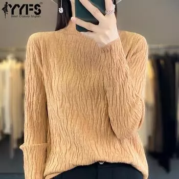 YYFS женские модные повседневные однотонные принты осень-зима с длинным рукавом полуводолазка тонкие свитера M бежевый
