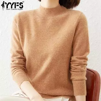 YYFS женские модные повседневные однотонные принты осень-зима с длинным рукавом Половина водолазки свободные свитера S чёрный