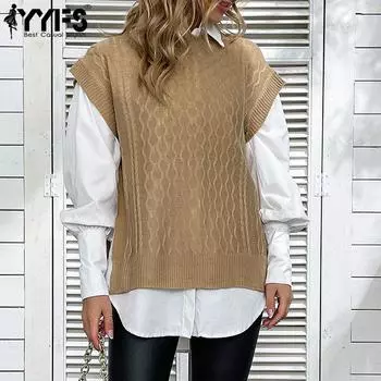 YYFS женские модные повседневные однотонные принты осень-зима без рукавов с круглым вырезом вязаные жилеты S хаки
