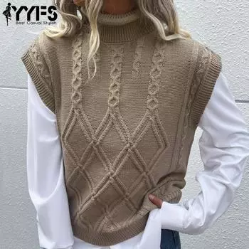 YYFS женские модные повседневные однотонные принты осень-зима без рукавов с высоким воротом вязаные жилеты