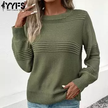 YYFS женские модные повседневные однотонные принты осень-зима с длинными рукавами и круглым вырезом свободные свитера