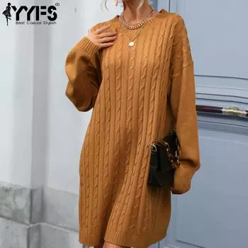 YYFS женские модные повседневные однотонные принты осень-зима с длинными рукавами и круглым вырезом свободные свитера платья S