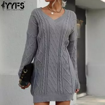 YYFS женские модные повседневные однотонные принты осень-зима с длинными рукавами и v-образным вырезом-свитера платья S серый