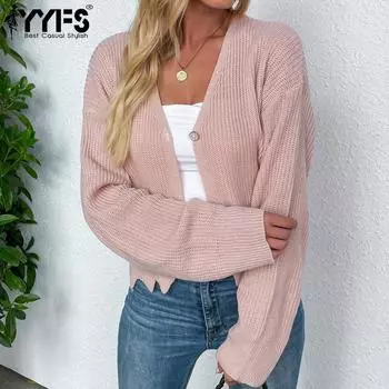 YYFS женские модные повседневные однотонные принты осень-зима с длинными рукавами и v-образным вырезом свободные свитера S розовый