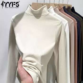 YYFS женские модные повседневные однотонные принты осень-зима теплые пуловеры и длинные рукава полуводолазка тонкие вязаные свитера M чёрный