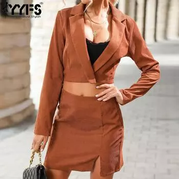 YYFS женские модные повседневные однотонные принты осенне-зимние костюмы с юбкой с длинными рукавами S