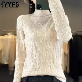 YYFS женские модные повседневные однотонные принты осенне-зимние свитера с длинным рукавом и половиной водолазки S бежевый