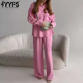 YYFS женские модные повседневные однотонные принты с длинным рукавом поло с воротником и высокой талией, брюки, костюмы S розовый