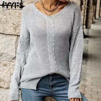 YYFS женские модные повседневные однотонные принты светло-серые осенне-зимние свободные свитера с длинными рукавами и v-образным вырезом S светло-серый