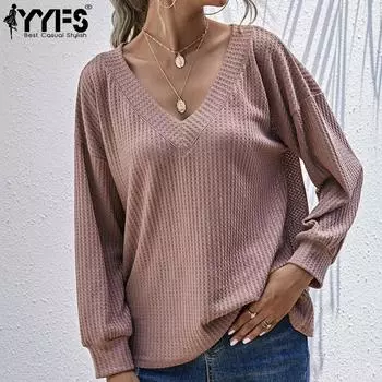 YYFS Женские модные повседневные однотонные пуловеры с v-образным вырезом и длинными рукавами с принтом S чёрный
