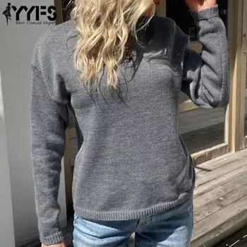 YYFS женские модные повседневные однотонные пуловеры с круглым вырезом и длинными рукавами, осень-зима с однотонным принтом S темно-серого