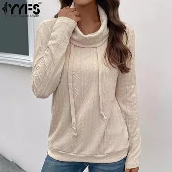 YYFS женские модные повседневные однотонные пуловеры с высоким воротом и длинными рукавами на весну и осень с длинным рукавом S абрикосовый