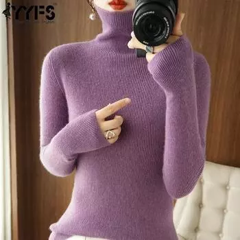 YYFS женские модные повседневные однотонные пуловеры с длинными рукавами и принтом на осень и зиму, свитера с высоким воротом S бежевый