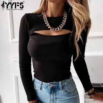 YYFS женские модные повседневные однотонные пуловеры с круглым вырезом и длинными рукавами, осень-зима с однотонным принтом S чёрный