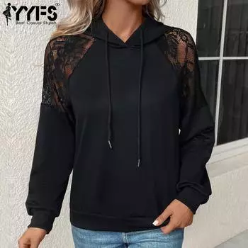YYFS женские модные повседневные однотонные пуловеры с капюшоном и длинными рукавами, весенне-осенние однотонные пуловеры с капюшоном S чёрный