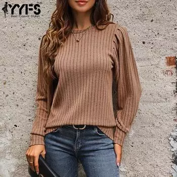 YYFS женские модные повседневные однотонные пуловеры с круглым вырезом и длинными рукавами, осень-зима с однотонным принтом S коричневый