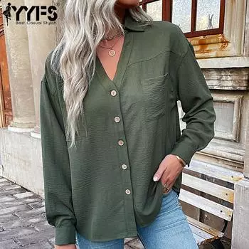 YYFS женские модные повседневные однотонные рубашки-поло с длинным рукавом и принтом, блузки и рубашки S армия зеленый