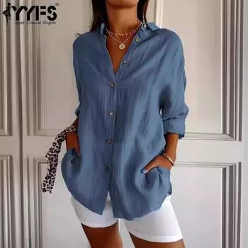 YYFS женские модные повседневные однотонные рубашки-поло с длинным рукавом и принтом, блузки и рубашки S чёрный