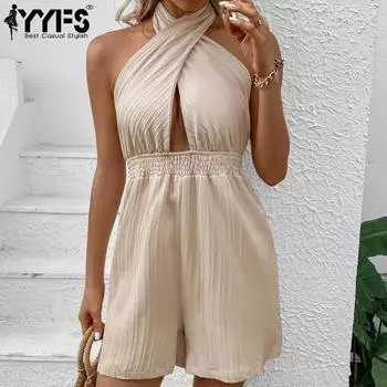 YYFS женские модные повседневные однотонные шорты с принтом на лето и весну без рукавов, комбинезоны и комбинезоны S хаки