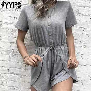 YYFS женские модные повседневные однотонные шорты с принтом на лето и весну с короткими рукавами и круглым вырезом, комбинезоны и комбинезоны
