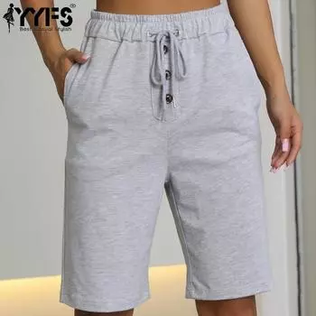 YYFS женские модные повседневные однотонные спортивные шорты с высокой талией и принтом S чёрный