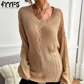 YYFS женские модные повседневные однотонные свитера цвета хаки с принтом осень-зима с длинным рукавом и v-образным вырезом свободные свитера S хаки