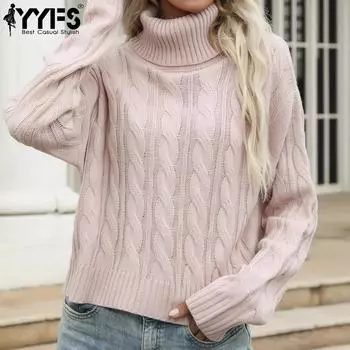 YYFS женские модные повседневные однотонные свитера с длинным рукавом и высоким воротом с принтом S розовый