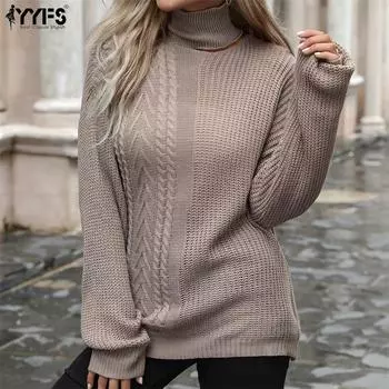 YYFS женские модные повседневные однотонные свитера с длинным рукавом и высоким воротом с принтом S