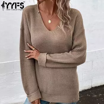 YYFS женские модные повседневные однотонные свитера с v-образным вырезом на осень и зиму с длинными рукавами S