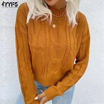 YYFS женские модные повседневные однотонные свитера с круглым вырезом и осенне-зимним принтом с длинными рукавами S коричневый