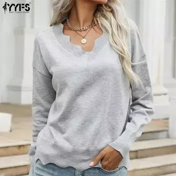YYFS женские модные повседневные однотонные свитера с длинными рукавами и осенне-зимним принтом S серый