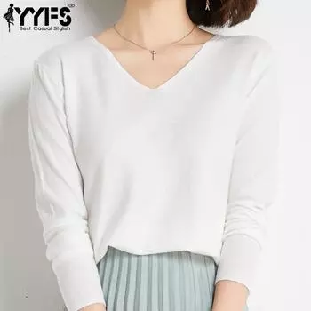 YYFS женские модные повседневные однотонные свитера с v-образным вырезом и длинными рукавами на весну и осень M
