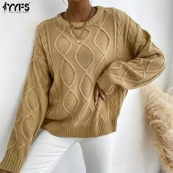 YYFS женские модные повседневные однотонные свитера с длинными рукавами и круглым вырезом с принтом