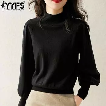 YYFS женские модные повседневные однотонные свитера с воротником на осень и зиму с длинными рукавами One Size чёрный