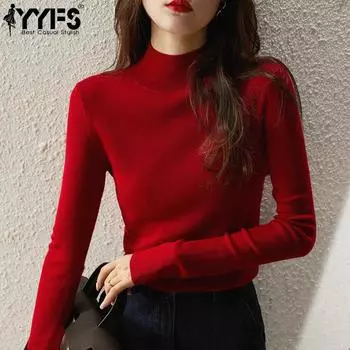 YYFS женские модные повседневные однотонные свитера с воротником на осень и зиму с длинными рукавами One Size чёрный