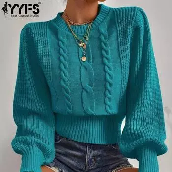 YYFS женские модные повседневные однотонные свитера с круглым вырезом и осенне-зимним принтом с длинными рукавами One Size жёлтый