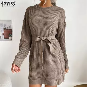 YYFS женские модные повседневные однотонные свитера с круглым вырезом и осенне-зимним принтом с длинными рукавами S коричневый