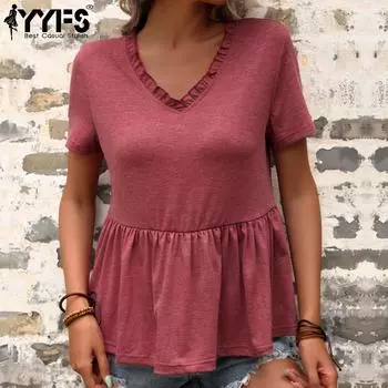 YYFS женские модные повседневные однотонные свободные футболки и топы с короткими рукавами и v-образным вырезом с принтом S бордовый