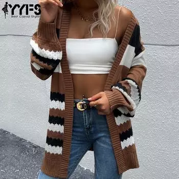 YYFS женские модные повседневные осенне-зимние кардиганы с длинными рукавами S темно-коричневого