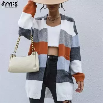 YYFS женские модные повседневные осенне-зимние кардиганы с длинными рукавами S серый