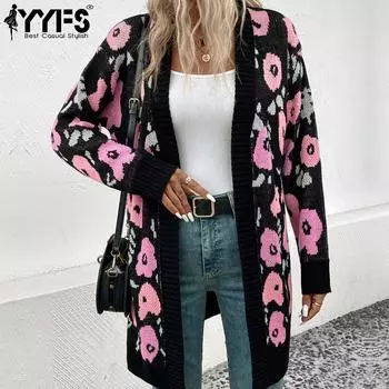 YYFS женские модные повседневные осенне-зимние кардиганы с цветочным принтом и длинными рукавами S чёрный