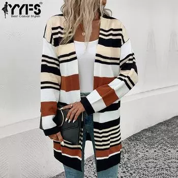 YYFS женские модные повседневные осенне-зимние кардиганы в полоску с принтом и длинными рукавами S хаки/чёрный